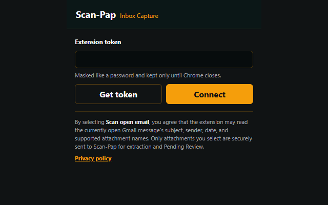 Scan-Pap Inbox Capture connection screen used to import supported Gmail invoice attachments