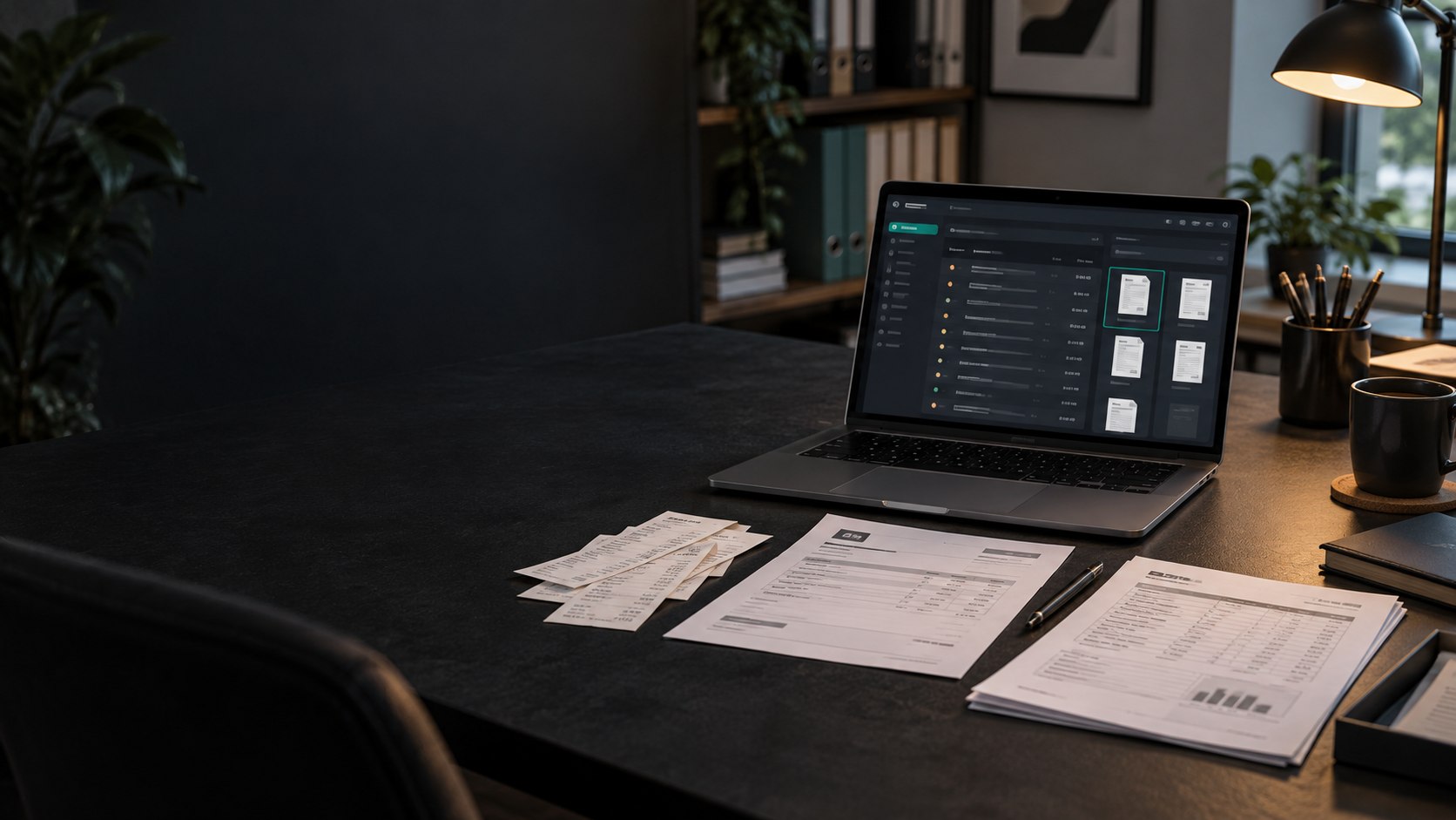Receipts and financial paperwork beside the Scan-Pap document workspace